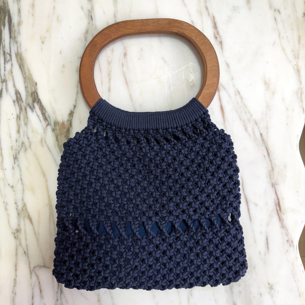 Vintage 1970s Handmade Navy Macramé Boho Handbag with Wooden Handles Summer